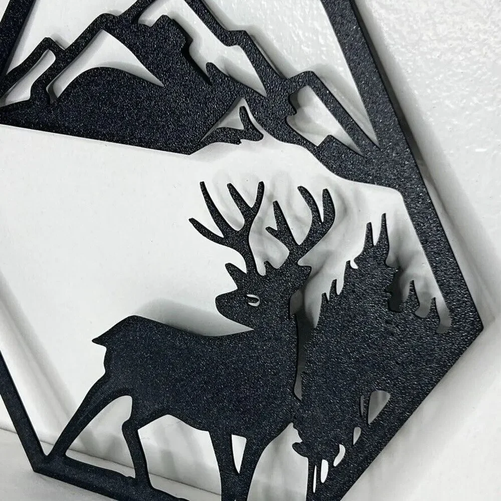 Set 4 Plastic Wall Art Decor Rustic Wildlife Hexagon Silhouettes Bear Wolf Elk